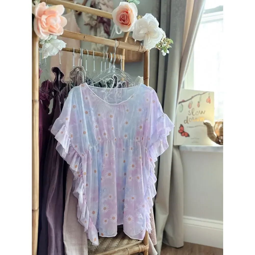 Flower Child Blooming Daisy Mesh Pastel Swim Coverup 3/4